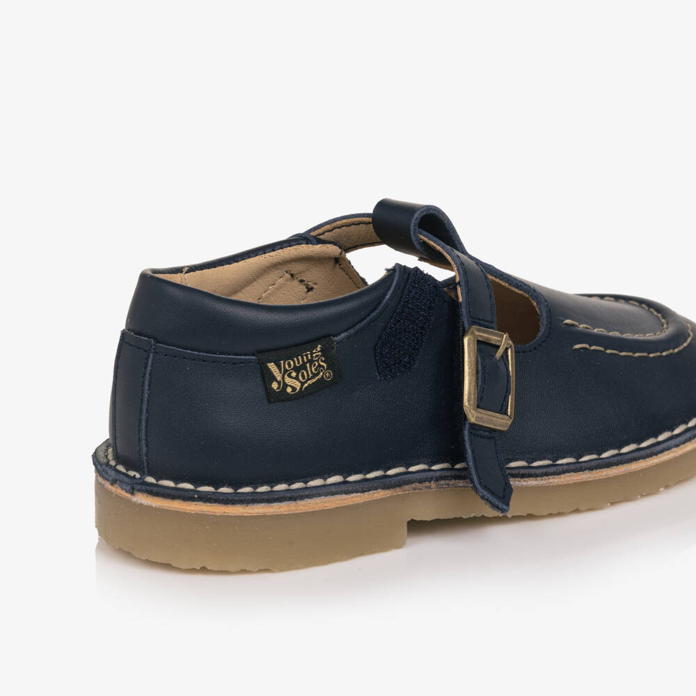 Young Soles-Navy Blue Leather Topstitching T-Bar Shoes | Childrensalon
