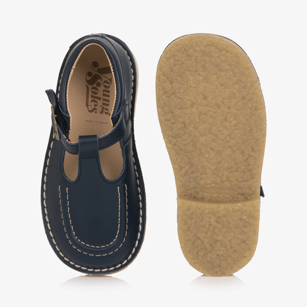 Young Soles-Navy Blue Leather Topstitching T-Bar Shoes | Childrensalon