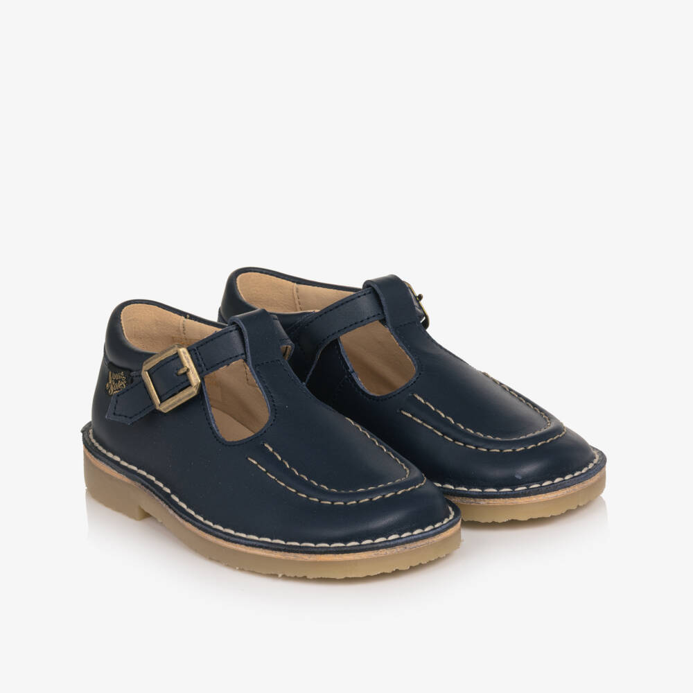 Young Soles-Navy Blue Leather Topstitching T-Bar Shoes | Childrensalon