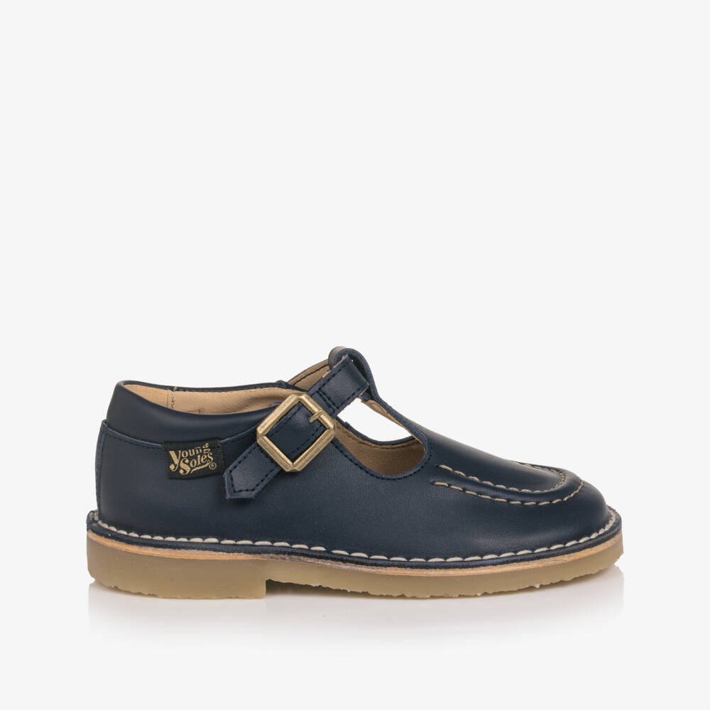 Young Soles-Navy Blue Leather Topstitching T-Bar Shoes | Childrensalon