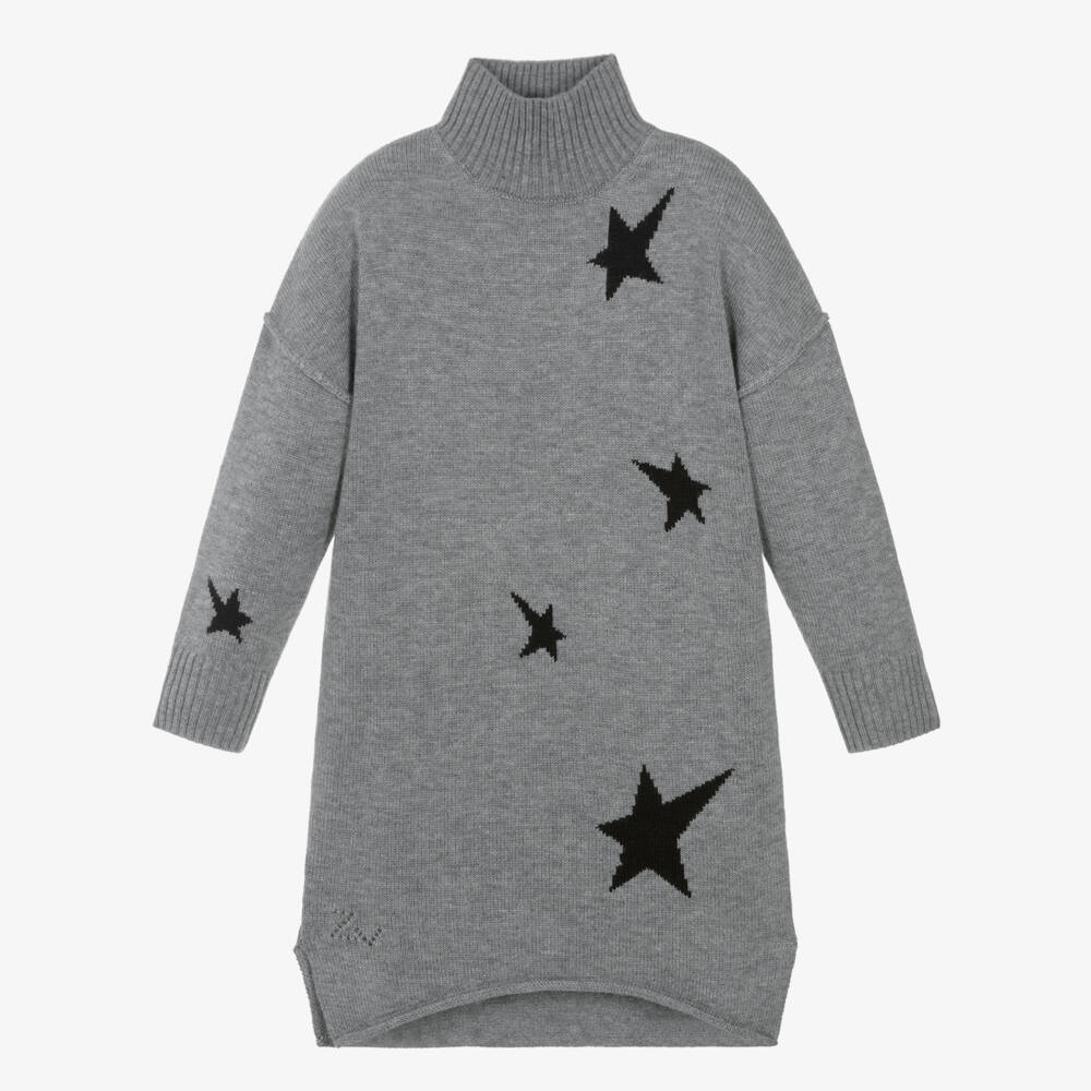 Zadig&Voltaire-Girls Grey Wool Knit Sweater Dress with Black Stars | Childrensalon