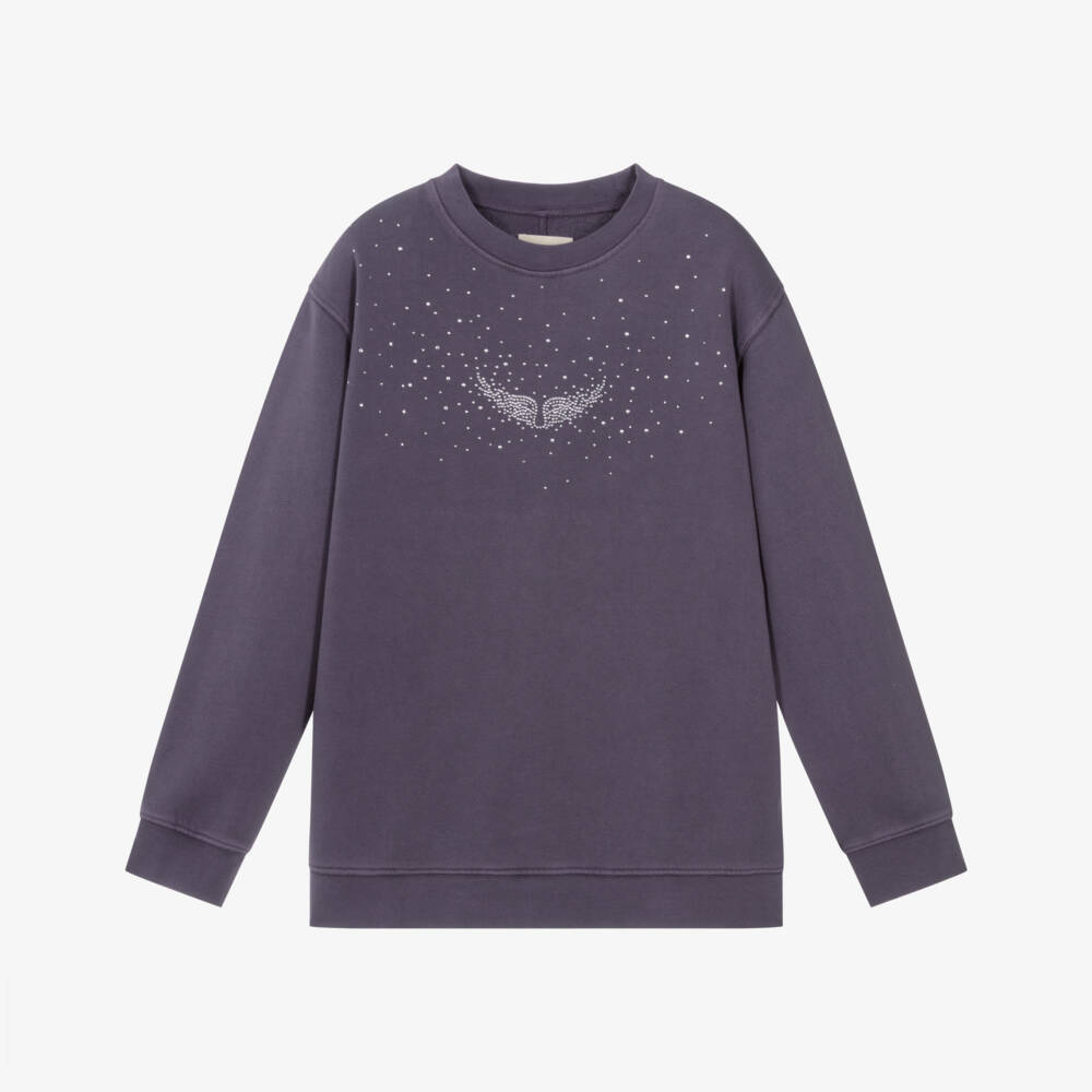 Zadig&Voltaire-Girls Purple Cotton Oversized Rhinestone Logo Sweatshirt  | Childrensalon
