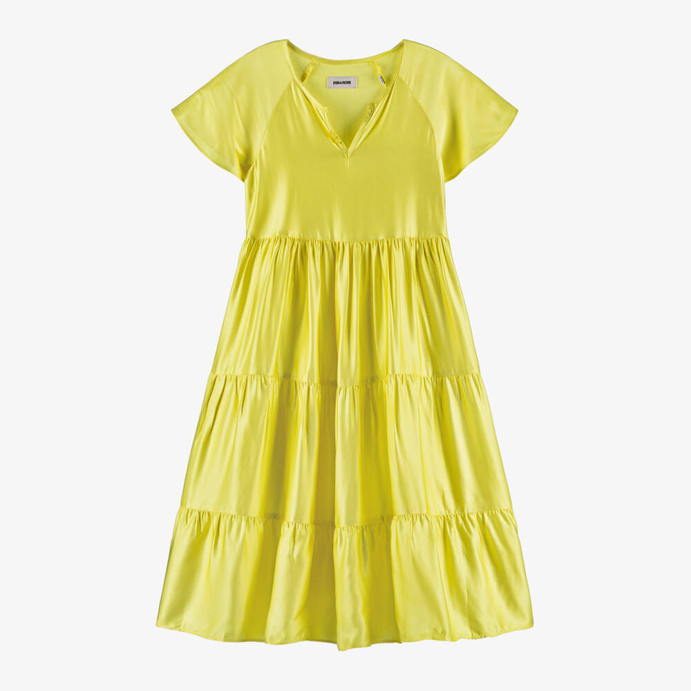 Zadig&Voltaire - Girls Yellow Viscose Satin Tiered Dress | Childrensalon