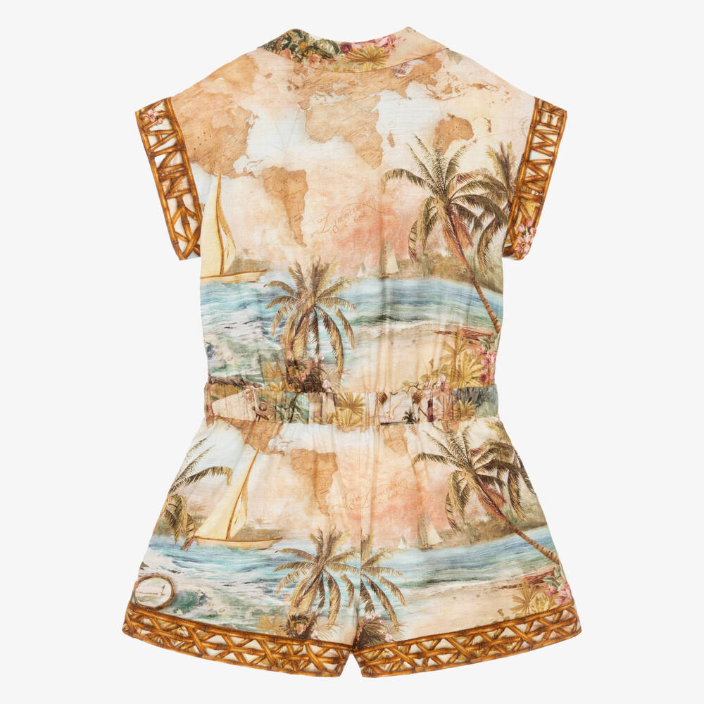 Zimmermann-Girls Beige & Blue Island Map Print Pocket Playsuit | Childrensalon