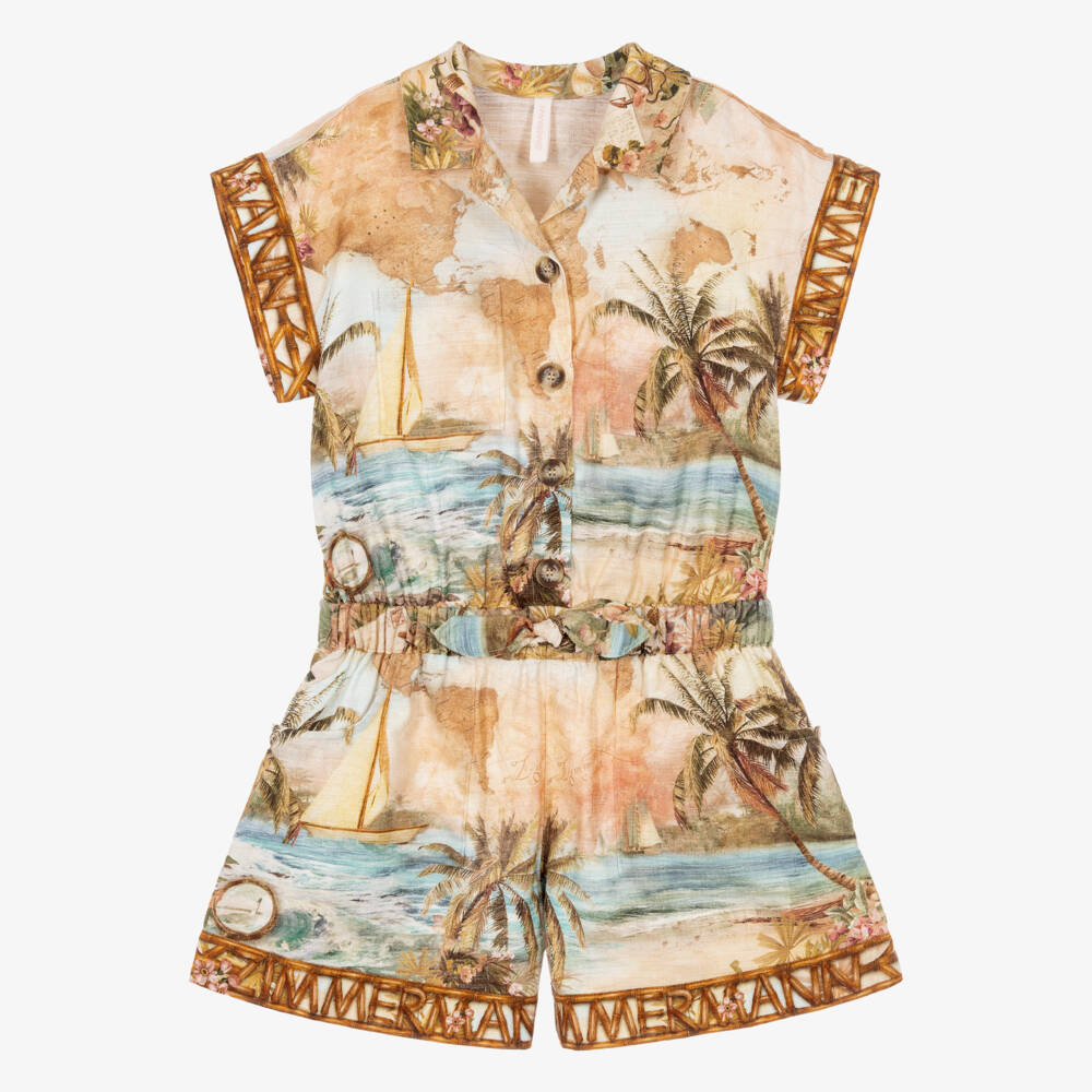 Zimmermann-Girls Beige & Blue Island Map Print Pocket Playsuit | Childrensalon