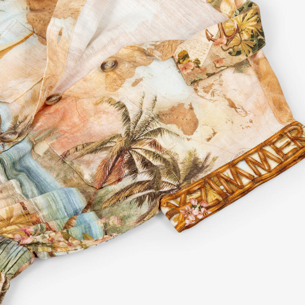 Zimmermann-Girls Beige & Blue Island Map Print Pocket Playsuit | Childrensalon