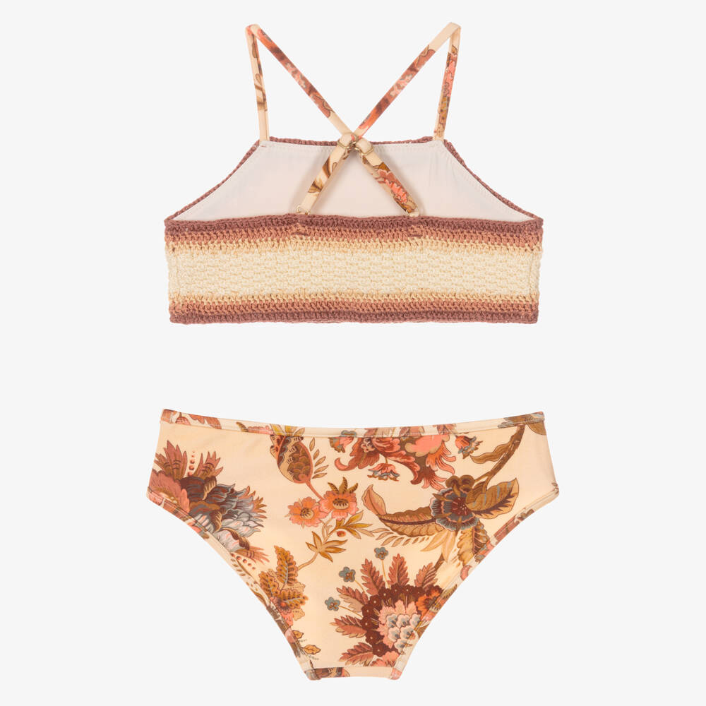 Zimmermann-Girls Beige Crochet & Paisley Bikini | Childrensalon