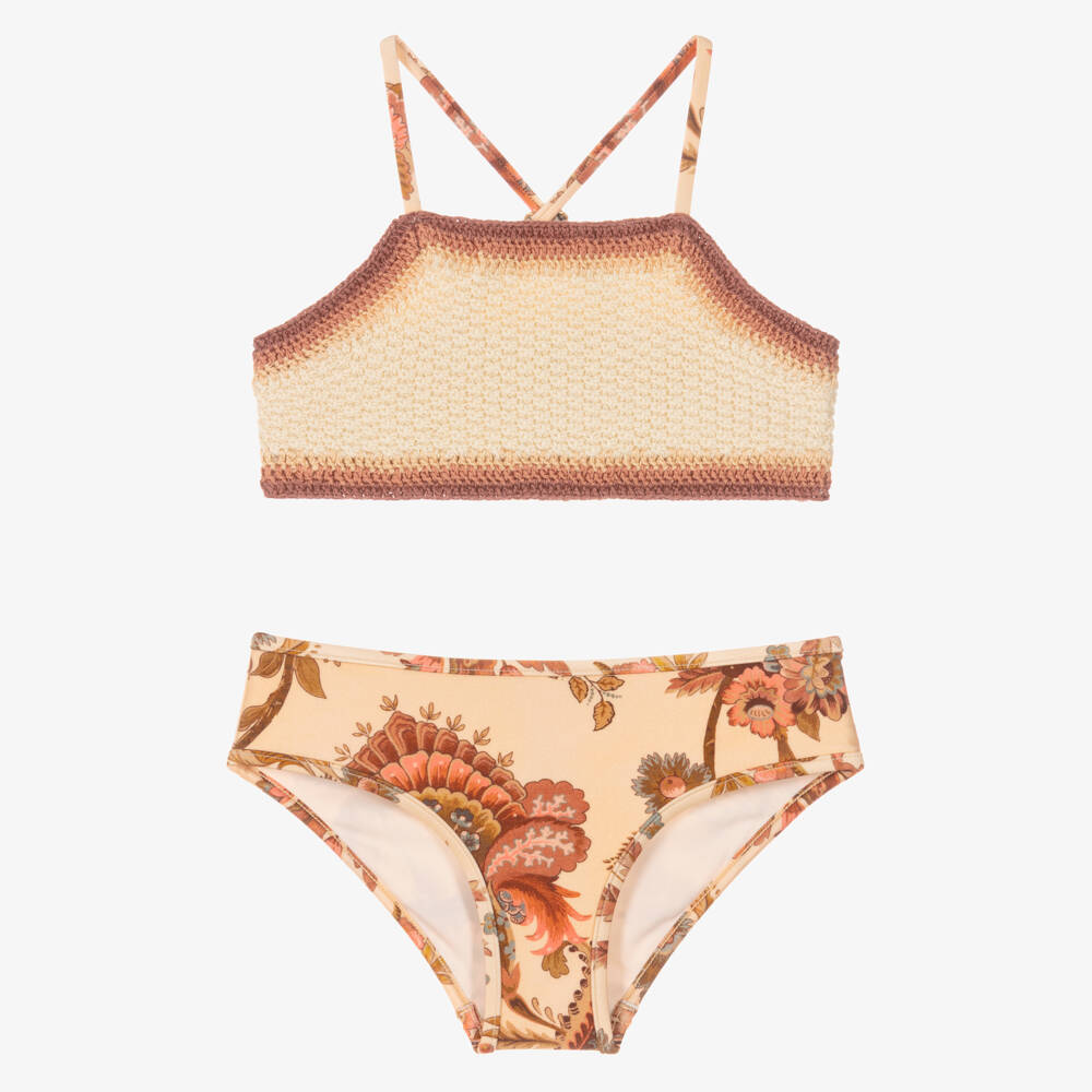 Zimmermann-Girls Beige Crochet & Paisley Bikini | Childrensalon