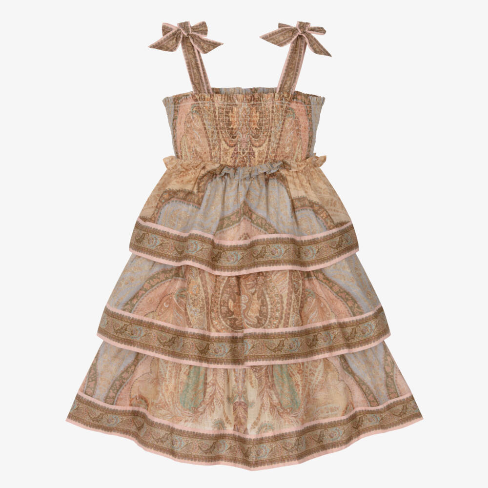 Zimmermann-Girls Beige Paisley Print Tiered Ruffle Dress | Childrensalon
