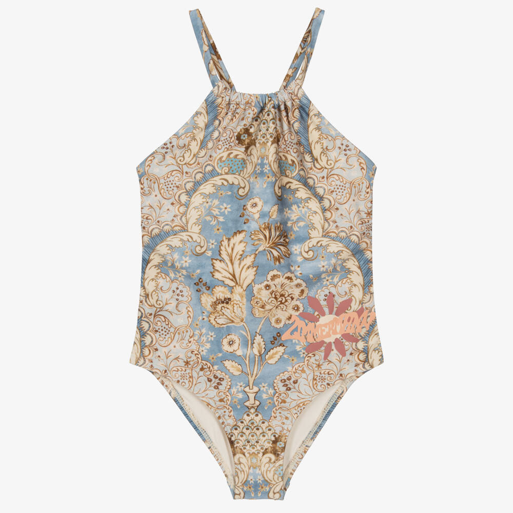 Zimmermann-Girls Blue & Beige Floral Swimsuit | Childrensalon