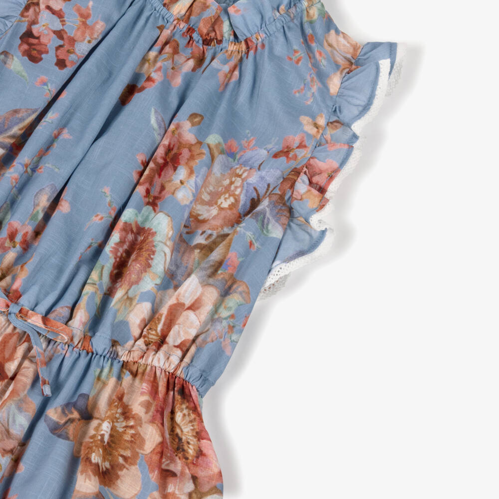 Zimmermann-Girls Blue Cotton Floral Print Flip Dress | Childrensalon