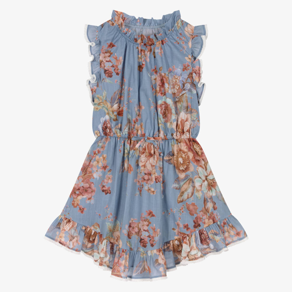 Zimmermann-Girls Blue Cotton Floral Print Flip Dress | Childrensalon