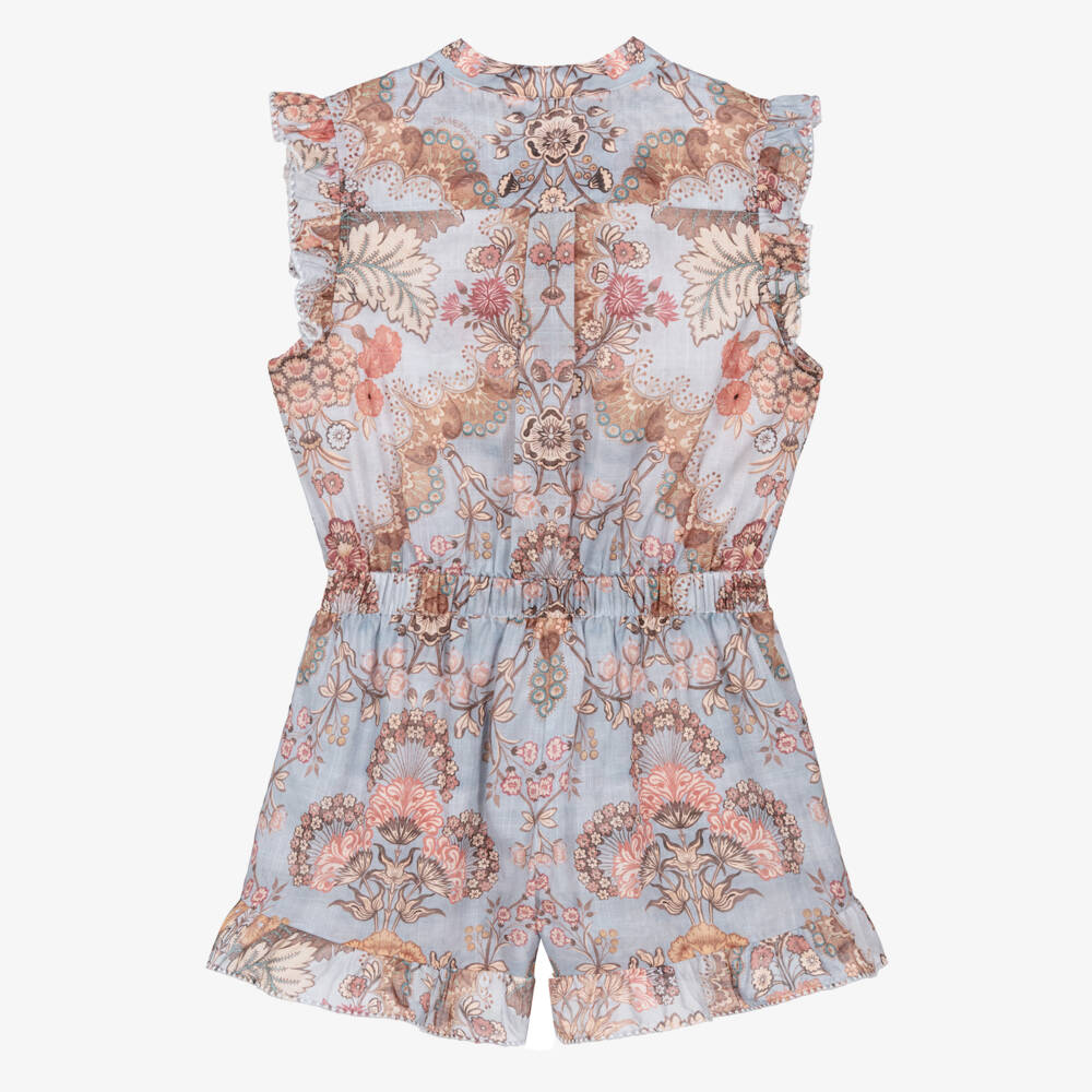 Zimmermann-Girls Blue Cotton Floral Print Ruffle Playsuit | Childrensalon