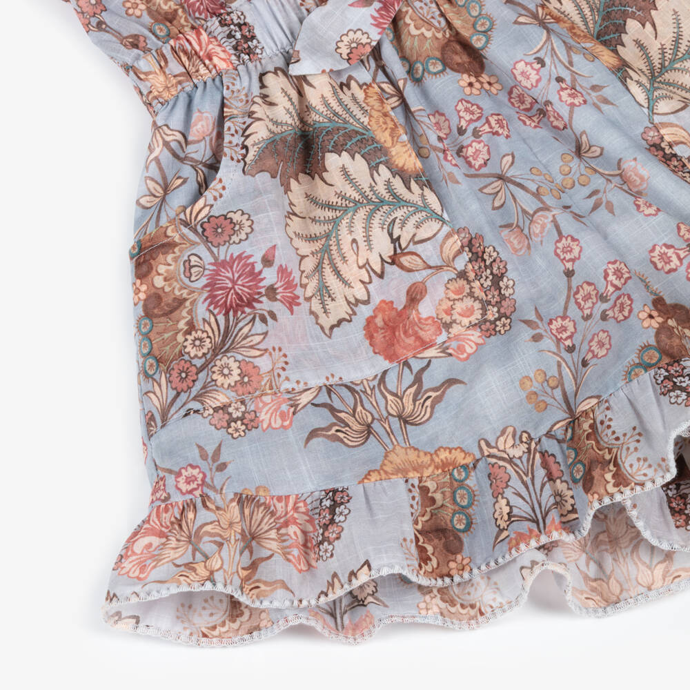 Zimmermann-Girls Blue Cotton Floral Print Ruffle Playsuit | Childrensalon