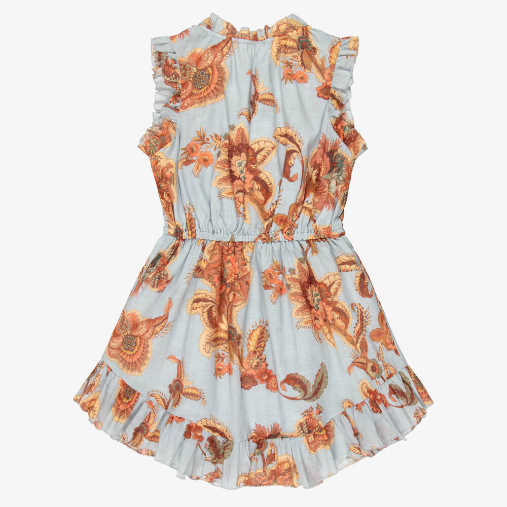 Zimmermann-Girls Blue Cotton Jacobean Print Flip Dress | Childrensalon