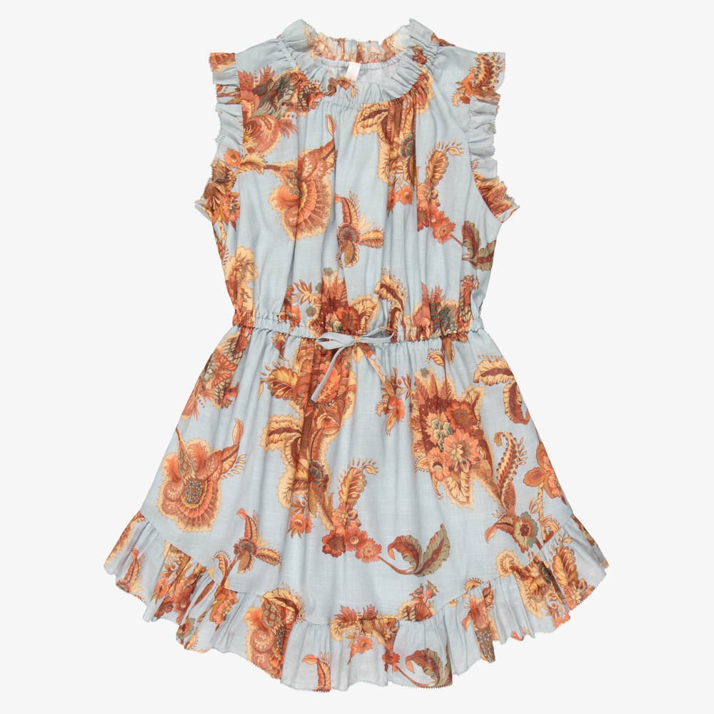 Zimmermann-Girls Blue Cotton Jacobean Print Flip Dress | Childrensalon