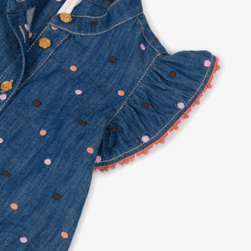 Zimmermann-Girls Blue Denim Polka Dot Ruffle Blouse | Childrensalon