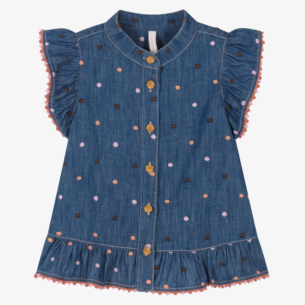 Zimmermann-Girls Blue Denim Polka Dot Ruffle Blouse | Childrensalon