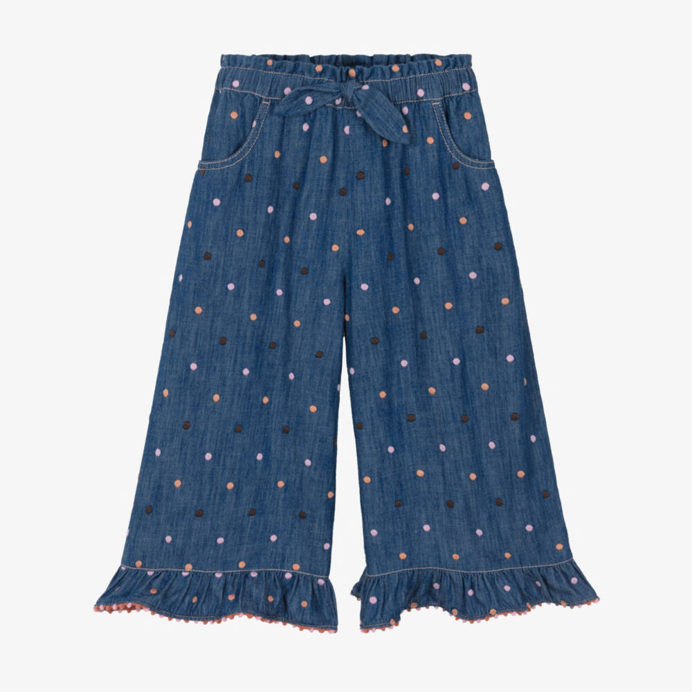 Zimmermann-Girls Blue Denim Polka Dot Ruffle Trousers | Childrensalon