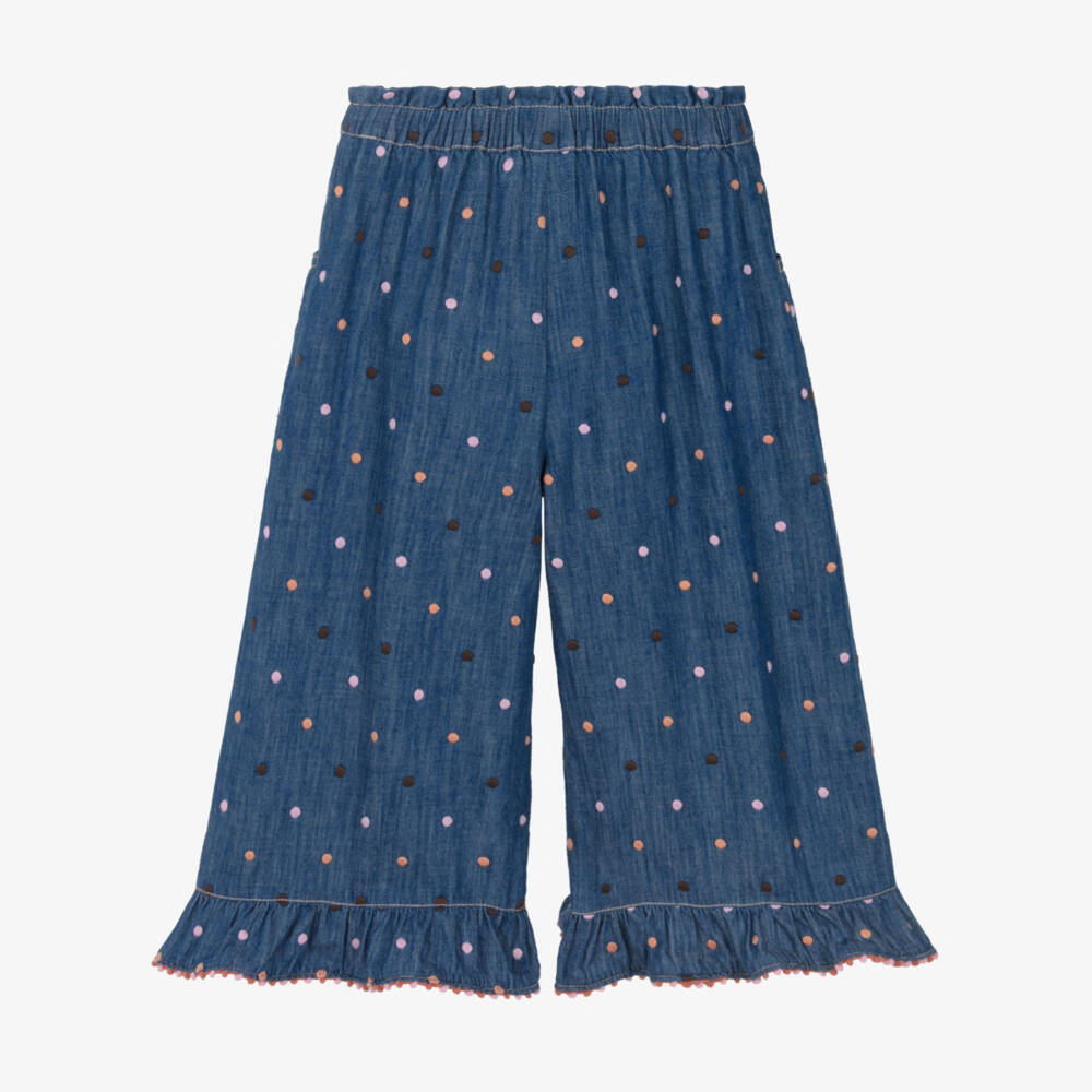 Zimmermann-Girls Blue Denim Polka Dot Ruffle Trousers | Childrensalon