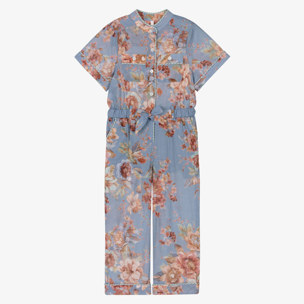 Zimmermann-Girls Blue Vintage Floral Cotton Jumpsuit | Childrensalon