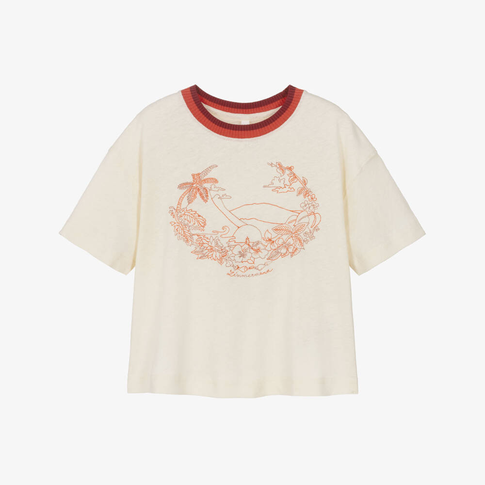 Zimmermann-Girls Cream Tropical Embroidery T-Shirt | Childrensalon