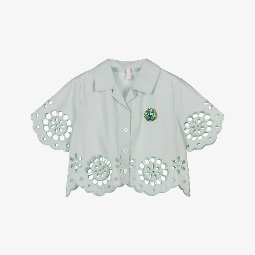 Zimmermann-Girls Green Shirt with Embroidered Floral Cutwork | Childrensalon
