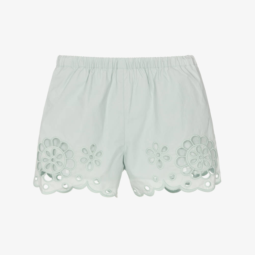 Zimmermann-Girls Green Shorts with Embroidered Floral Cutwork | Childrensalon