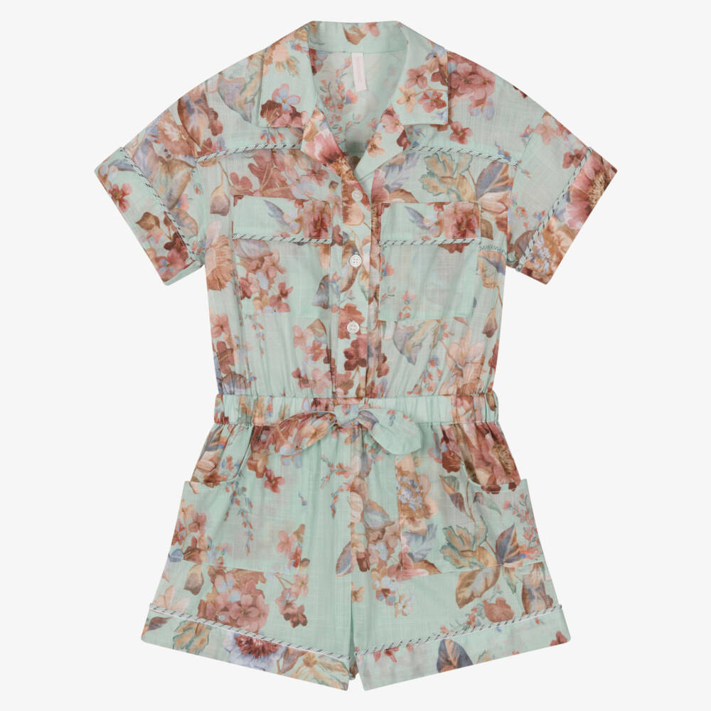 Zimmermann-Girls Green Vintage Floral Cotton Playsuit | Childrensalon