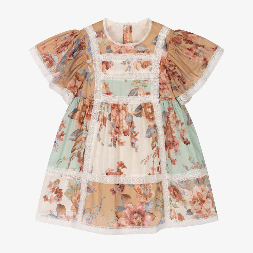 Zimmermann-Girls Ivory & Beige Floral Cotton Dress with Lace Trim | Childrensalon