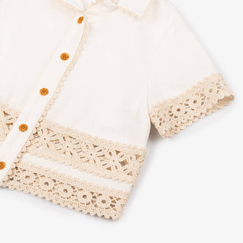 Zimmermann-Girls Ivory Cotton Crochet Trim Shirt | Childrensalon