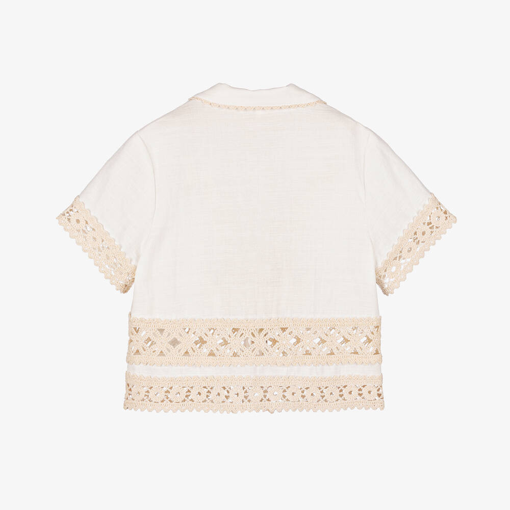 Zimmermann-Girls Ivory Cotton Crochet Trim Shirt | Childrensalon