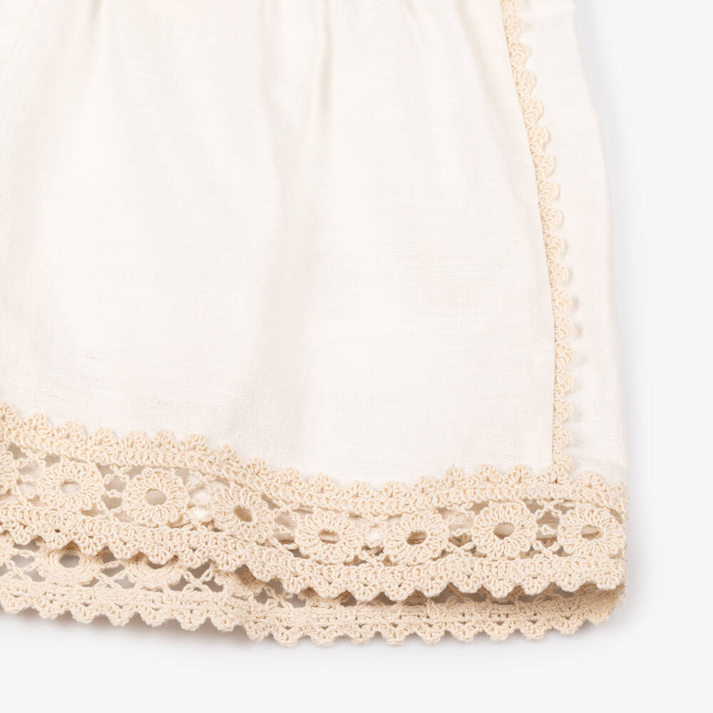 Zimmermann-Girls Ivory Cotton Crochet Trim Shorts | Childrensalon