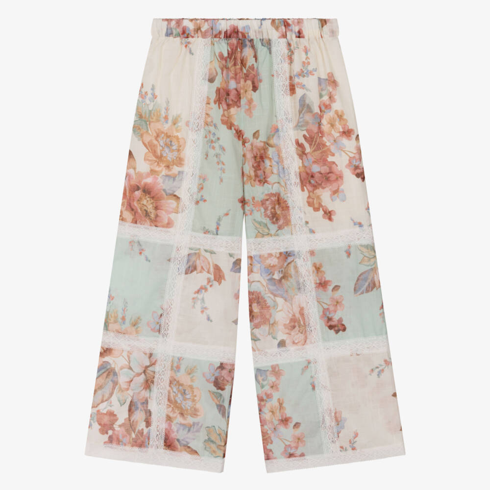 Zimmermann-Girls Ivory & Green Vintage Floral & Lace Trousers | Childrensalon