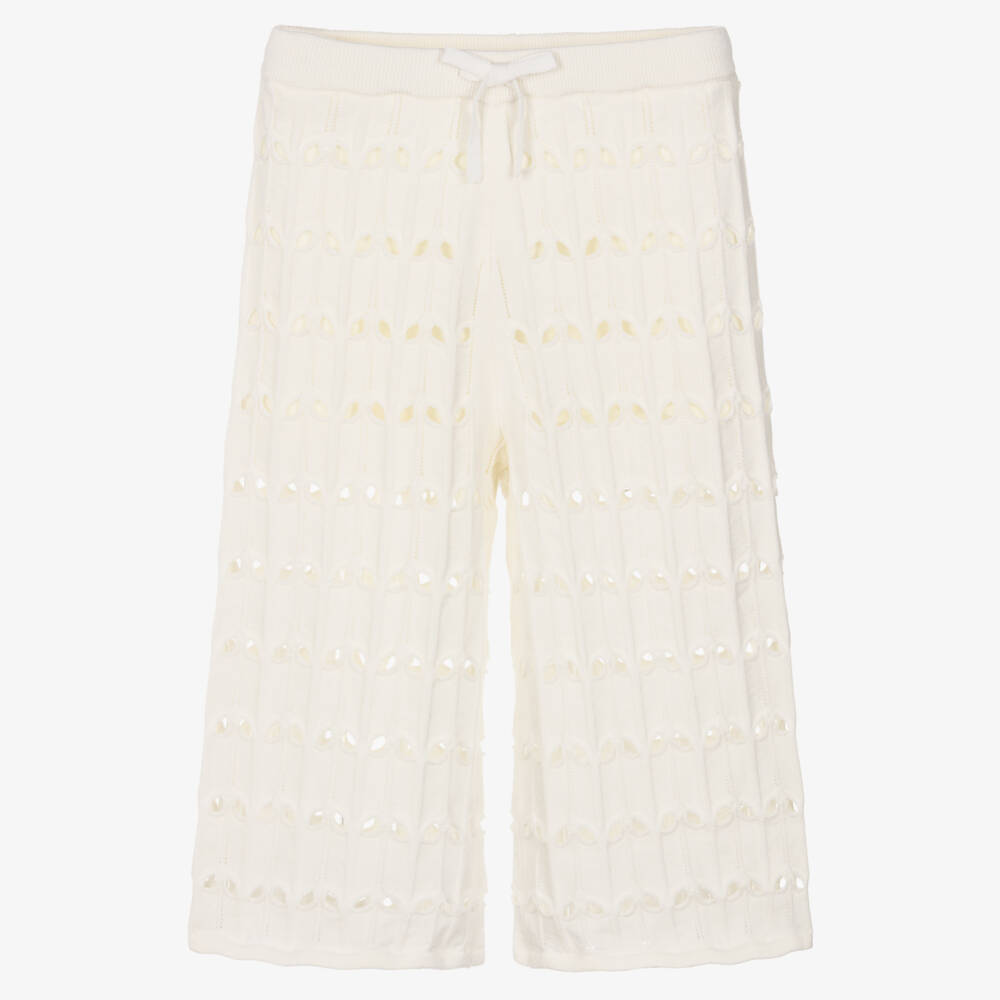 Zimmermann-Girls Ivory Knitted Wide-Leg Trousers with Eyelet Pattern | Childrensalon