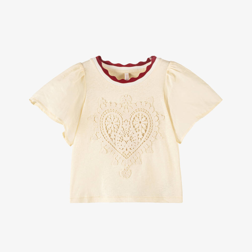 Zimmermann-Girls Ivory Lace Heart Jersey T-Shirt | Childrensalon