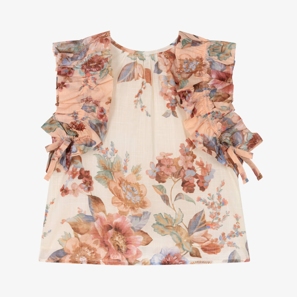Zimmermann-Girls Ivory & Pink Floral Cotton Ruffle Blouse | Childrensalon
