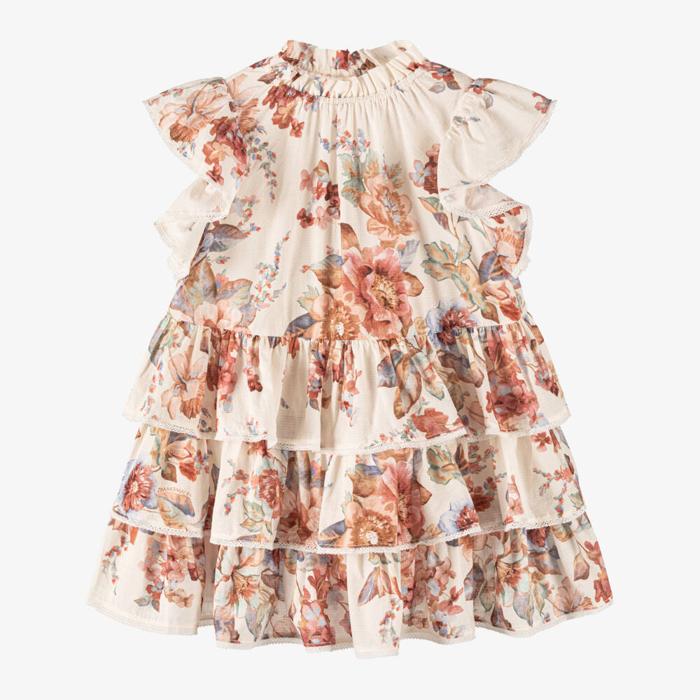 Zimmermann-Girls Ivory & Pink Floral Cotton Tiered Dress | Childrensalon