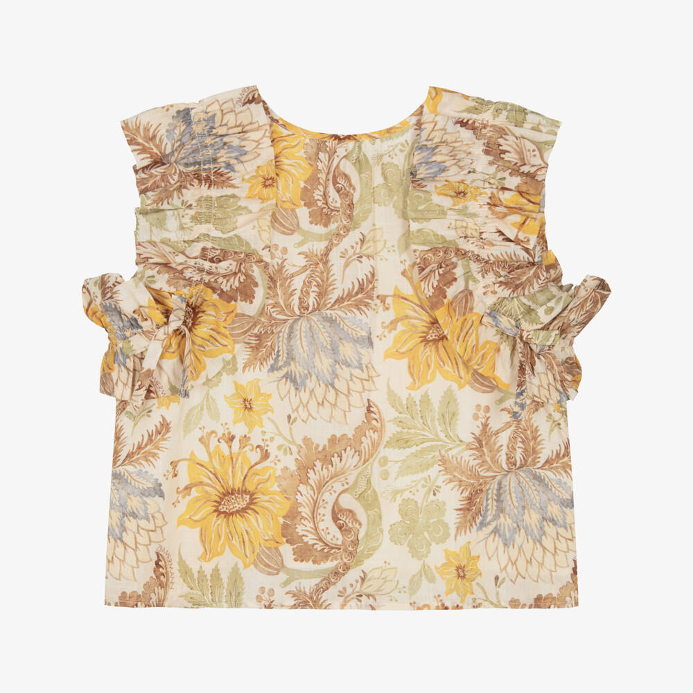 Zimmermann-Girls Ivory & Yellow Floral Cotton Ruffle Blouse | Childrensalon