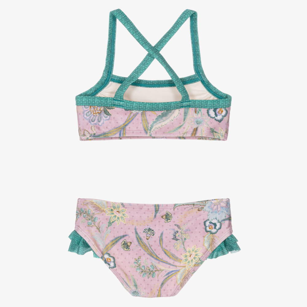 Zimmermann-Girls Lilac Floral Print Bikini with Green Trims | Childrensalon