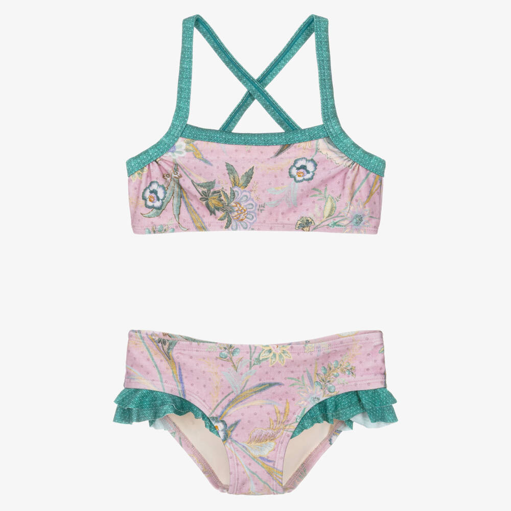 Zimmermann-Girls Lilac Floral Print Bikini with Green Trims | Childrensalon