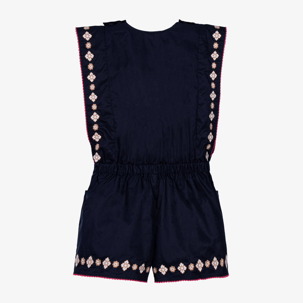 Zimmermann-Girls Navy Blue Cotton Embroidered Playsuit | Childrensalon