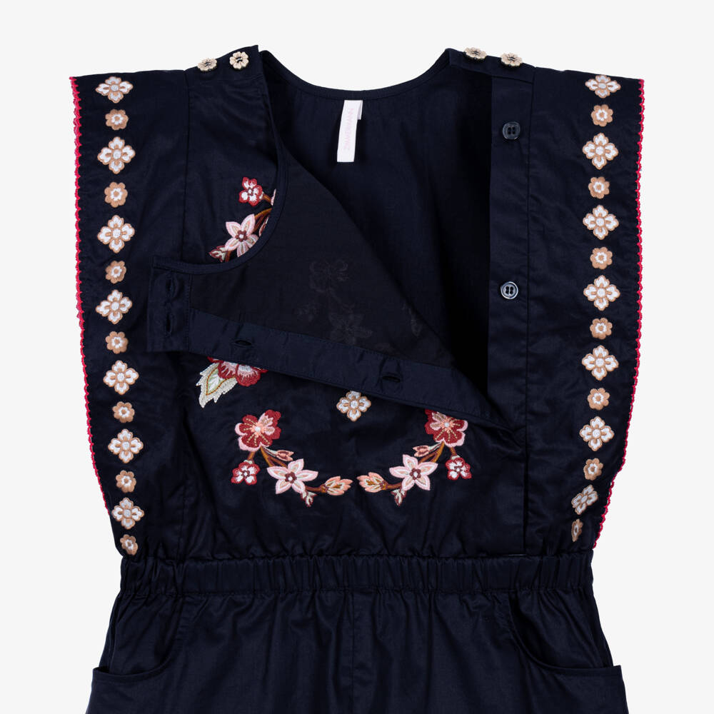 Zimmermann-Girls Navy Blue Embroidered Playsuit | Childrensalon