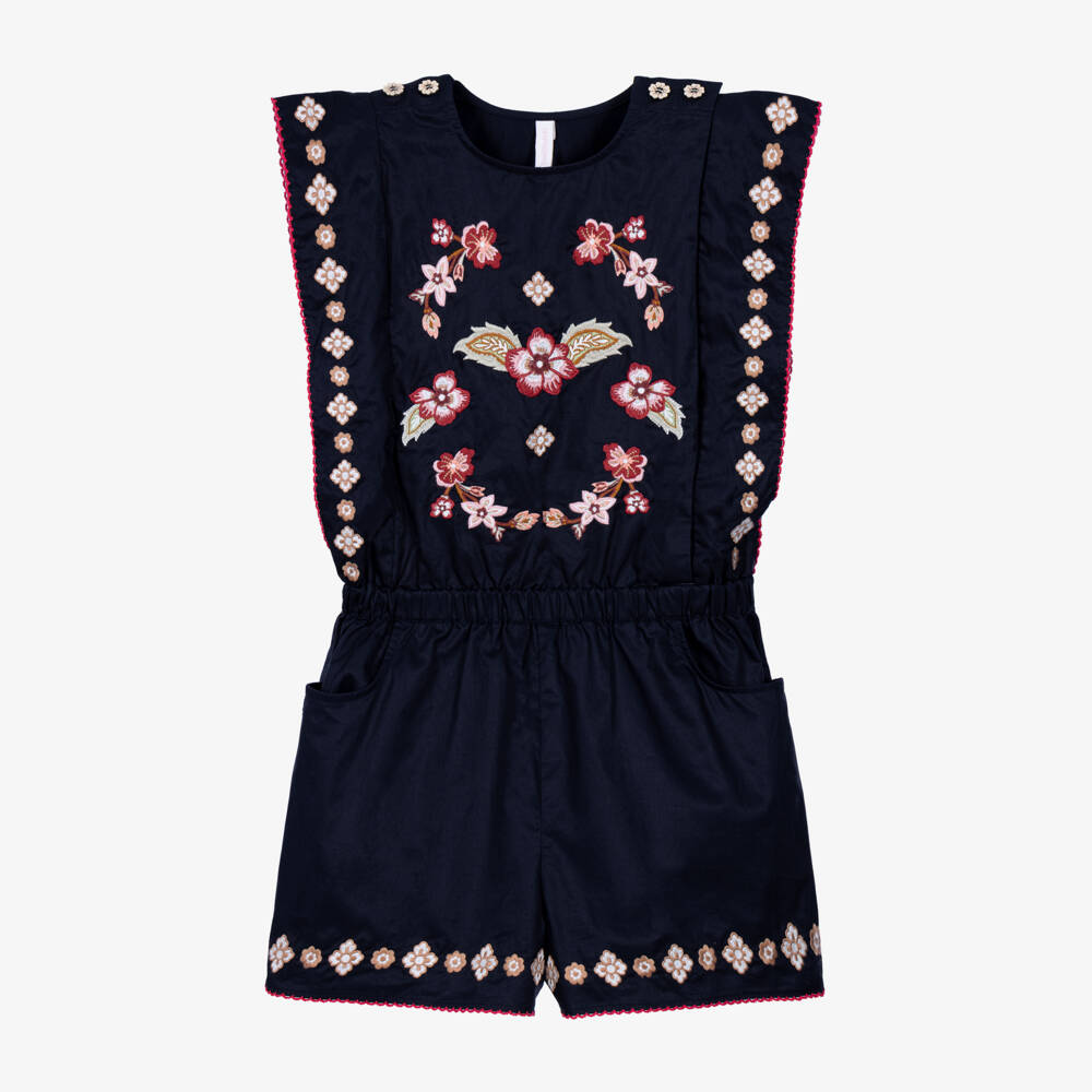Zimmermann-Girls Navy Blue Embroidered Playsuit | Childrensalon