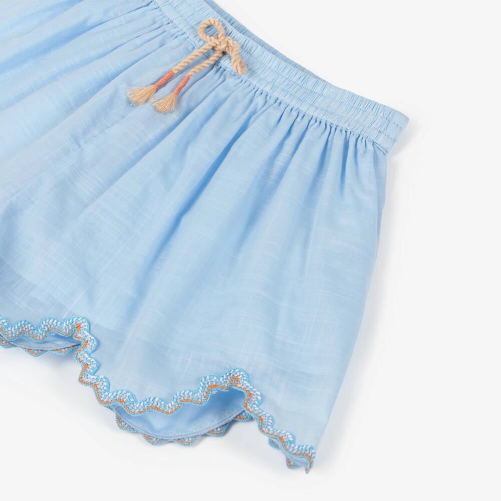 Zimmermann-Girls Pale Blue Cotton Ric Rac Shorts | Childrensalon