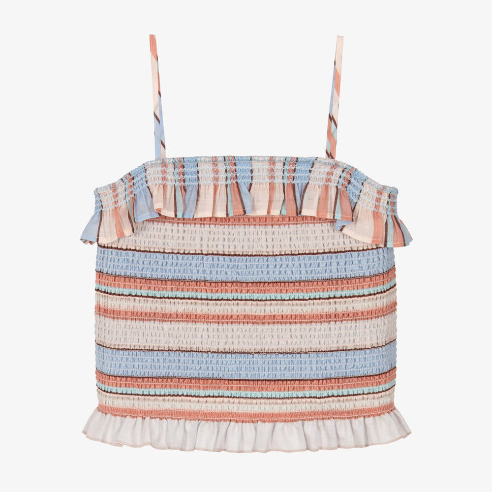 Zimmermann-Girls Pale Pink & Blue Striped Cotton Top with Shirring | Childrensalon