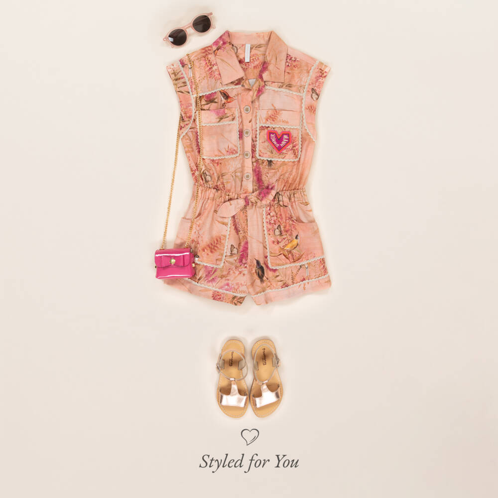 Zimmermann-Girls Peach Floral & Bird Print Playsuit | Childrensalon