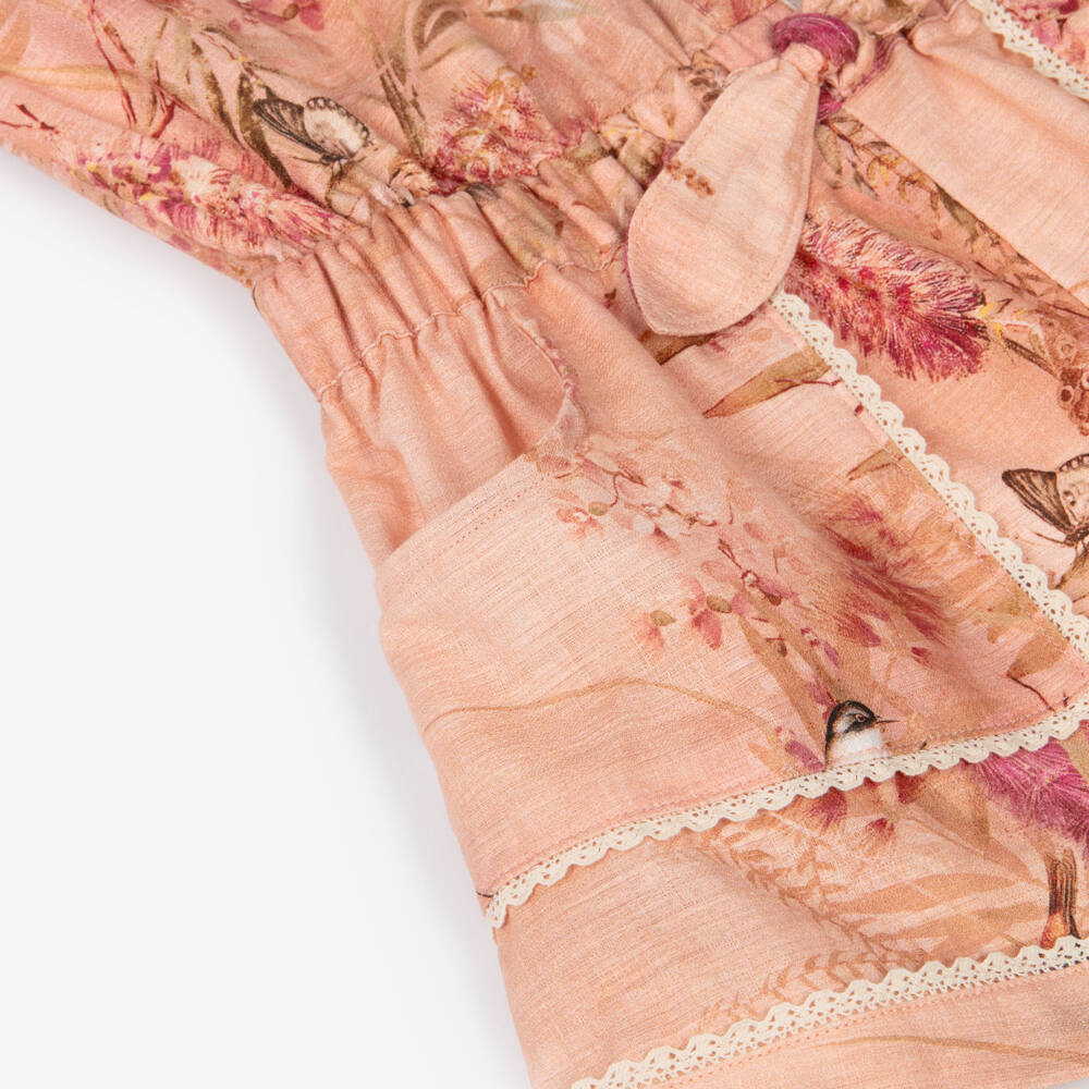 Zimmermann-Girls Peach Floral & Bird Print Playsuit | Childrensalon