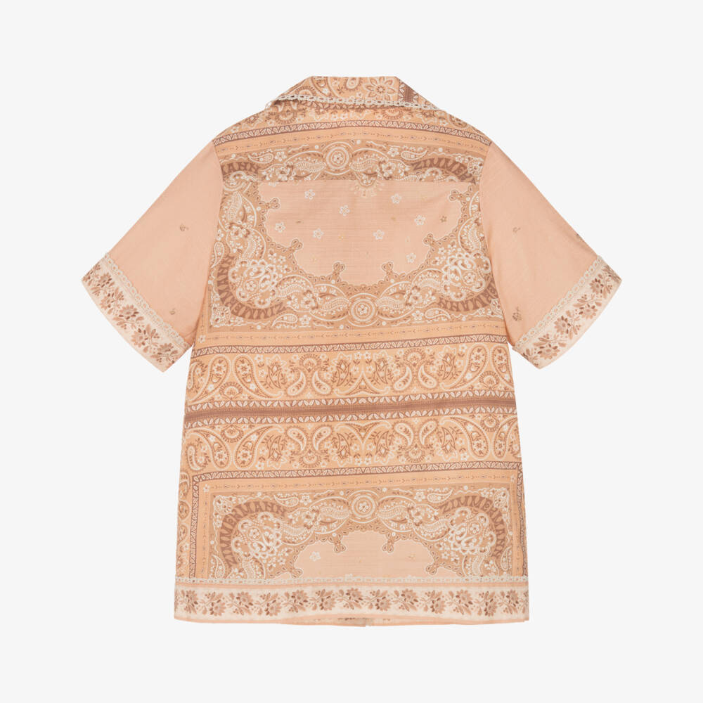 Zimmermann-Girls Peach Pink Bandana Print Cotton Shirt Dress | Childrensalon