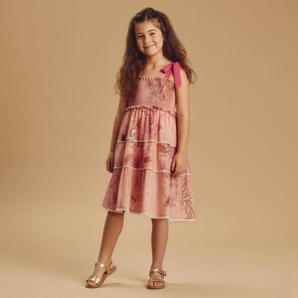Zimmermann-Girls Peach Pink Floral & Bird Print Tiered Cotton Dress | Childrensalon